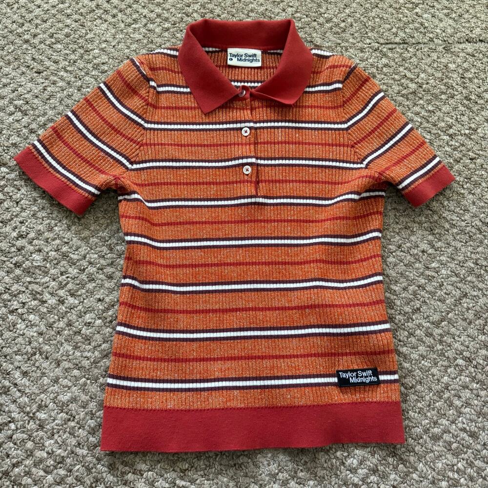Taylor Swift | Rooting for the Anti-Hero Orange/Maroon 3 Button Knit Fitted Polo - Picture 2 of 9
